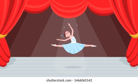 Open red curtains theater or ballet dance scene with price, curtains, scenery and young beautiful ballerina dressed in tutu and pointe shoes standing at the pose flat style design vector illustration.