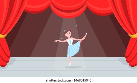 Open red curtains theater or ballet dance scene with price, curtains, scenery and young beautiful ballerina dressed in tutu and pointe shoes standing at the pose flat style design vector illustration.