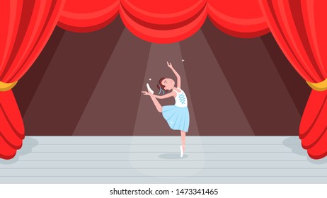 Open red curtains theater or ballet dance scene with price, curtains, scenery and young beautiful ballerina dressed in tutu and pointe shoes standing at the pose flat style design vector illustration.