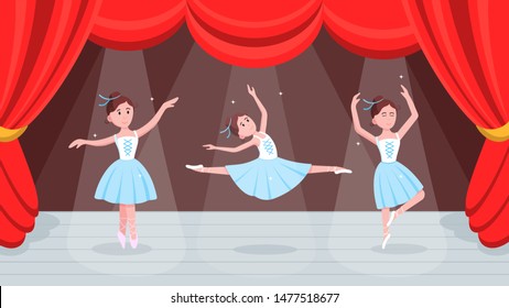 Open red curtains theater or ballet dance scene with price, curtains, scenery and 3 young beautiful ballerina dressed in tutu and pointe shoes standing at the pose flat style vector illustration.