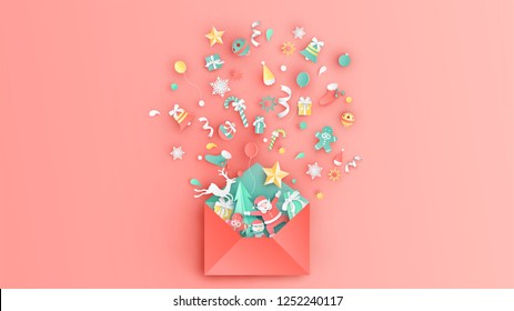 Open red envelope with Christmas ornaments splash out. Christmas greeting card design. Graphic design for Christmas. paper cut and craft design. vector, illustration.