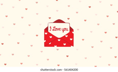 Open red envelope letter with text "I Love You" for happy valentines day. Vector illustration.