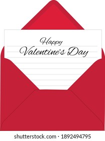 Open red envelope with a white Paper Written on "Happy Valentine's Day" Greeting Letter or Card 