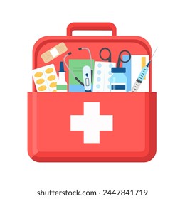 Open Red First Aid Kit. Vector illustration of Doctor Suitcase with Medical Supplies. Vector Illustration