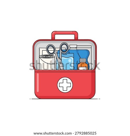 Open red first aid kit with medical supplies and emergency equipment. A bright red open first aid kit filled with scissors bandages and medicine bottles in a clean flat design. Ideal for healthcare blogs safety manuals or educational presentations.