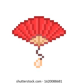 Open red folding hand fan, pixel art icon isolated on white background. 8 bit elegant women's accessory symbol. Old school vintage retro slot machine/video game graphics.