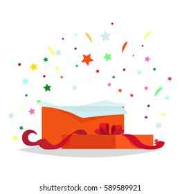 Open red gift box with bow and stars that pop-up out of it on white. Salute fireworks elements behind the box with surprise. Celebrate holidays and exchange gifts isolated vector illustration.