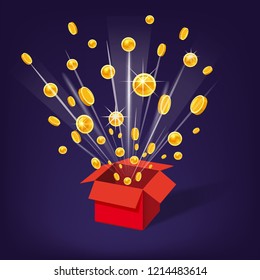 Open Red Gift Box and Coins. Christmas and other Holidays, Present, Win Background. Vector Illustration. Cartoon style