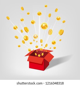 Open Red Gift Box and Coins. Christmas and other Holidays, Present, Win Background. Vector Illustration. Cartoon style