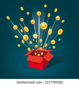 Open Red Gift Box and Coins. Christmas and other Holidays, Present, Win Background. Vector Illustration. Cartoon style