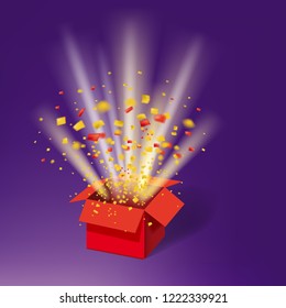 Open Red Gift Box and Colour Confetti. Bright Rays. Vector Illustration. Isolated, Template Baner, Poster