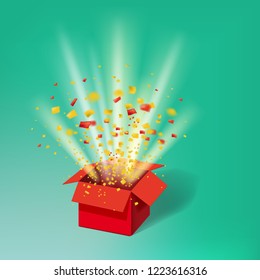 Open Red Gift Box and Colour Confetti. Bright Rays. Vector Illustration. Isolated, Template Baner, Poster