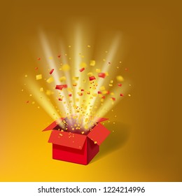 Open Red Gift Box and Colour Confetti. Bright Rays. Vector Illustration. Isolated, Template Baner, Poster