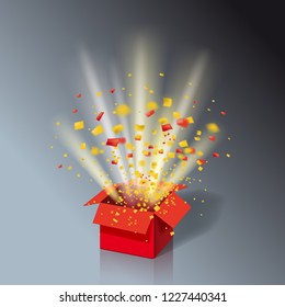 Open Red Gift Box and Colour Confetti. Bright Rays. Vector Illustration. Isolated, Template Baner, Poster