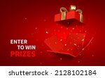Open red Gift Box and Confetti on red background. Enter to Win Prizes. Vector Illustration.