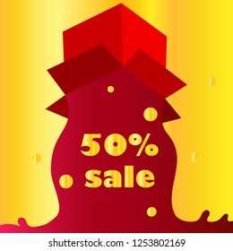 Open Red Gift Box and Confetti. Christmas Background. Concept Sale shop Vector Illustration.