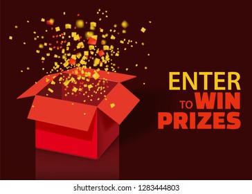 Open Red Gift Box and Confetti With Colorful Particles. Enter to Win Prizes. Lottery Drawing Advertising Banner Template. Vector Illustration, Isolated