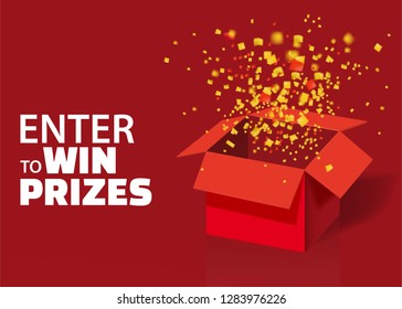 Open Red Gift Box and Confetti With Colorful Particles. Enter to Win Prizes. Lottery Drawing Advertising Banner Template. Vector Illustration, Isolated