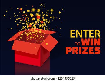 Open Red Gift Box and Confetti With Colorful Particles. Enter to Win Prizes. Lottery Drawing Advertising Banner Template. Vector Illustration, Isolated