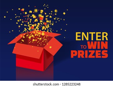 Open Red Gift Box and Confetti With Colorful Particles. Enter to Win Prizes. Lottery Drawing Advertising Banner Template. Vector Illustration, Isolated