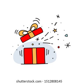 Open red gift box and confetti in doodle style. Sketch gift. Vector illustration on white background.