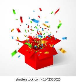 Open Red Gift Box and Confetti. Christmas Background. Vector Illustration.