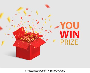 Open Red Gift Box and Confetti. You Win Prize. Vector Illustration.