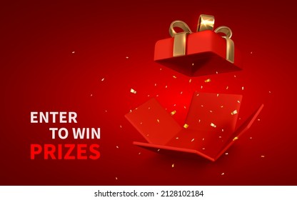 Open red Gift Box and Confetti on red background. Enter to Win Prizes. Vector Illustration.