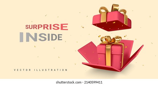 Open red Gift Box and Confetti on yellow background. Surprise inside. Vector Illustration.