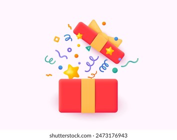 Open Red Gift Box and Confetti. 3d vector illustration.