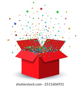 Open Red Gift Box and Confetti. Christmas Background. Vector Illustration.