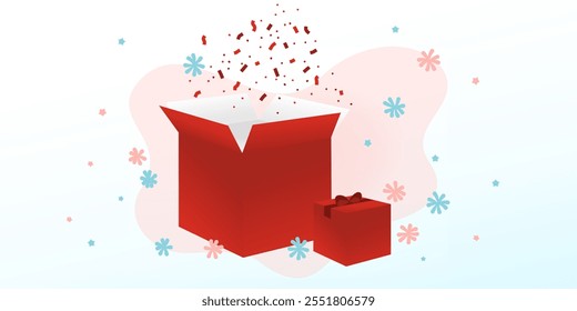 Abra a caixa de presente vermelha e Confete. Fundo de Natal. 