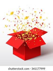 Open Red Gift Box and Confetti. Christmas Background. Vector Illustration.