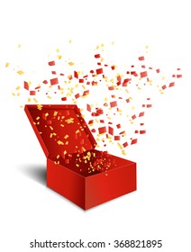 Open Red Gift Box and Confetti. Background. Vector Illustration.