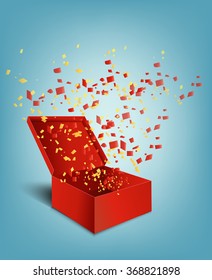 Open Red Gift Box and Confetti. Background. Vector Illustration.