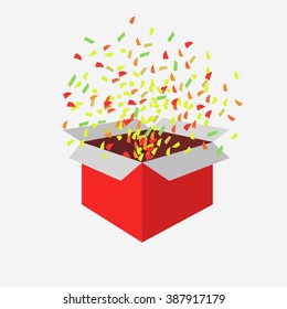 Open Red Gift Box and Confetti. Mockup template. Vector Illustration.