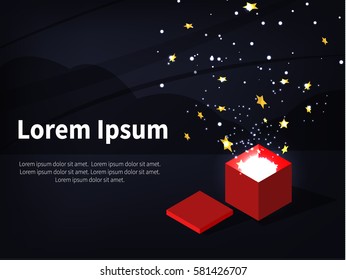 Open Red Gift Box and Confetti. Enter to Win Prizes. Vector Illustration.