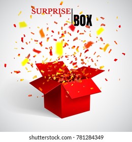 Open Red Gift Box and Confetti. Surprise. Vector Illustration.