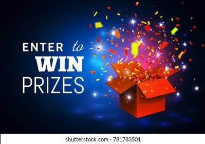 Open Red Gift Box and Confetti on blue background. Enter to Win Prizes. Vector Illustration.