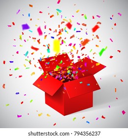 Open Red Gift Box and Confetti. Christmas Background. Vector Illustration.