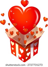 Open red gift box decorated with white hearts featuring a large shiny red heart and several small hearts floating out with a sparkling glowing effect