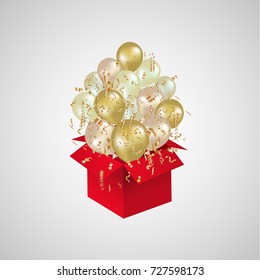 Open red gift box and departing balloons with confetti. Christmas background. Prize winning. Vector illustration.