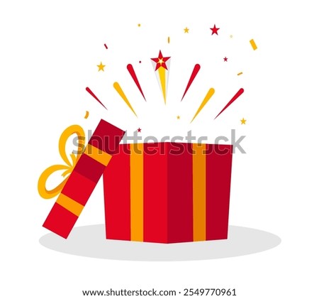 Open red gift box with festive explosion of stars and sparkles. Special give away package, wonder gift with exclamation mark, surprise gift box, birthday celebration.