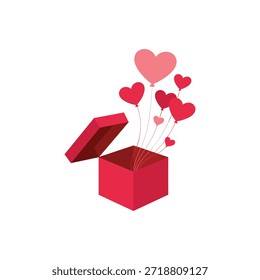 Open Red Gift Box with Flying Heart Balloons for Valentine’s Day on White Background