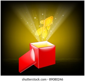 The open red gift box with gold fish is located on a vintage background
