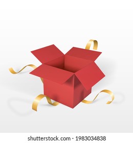 Open red gift box with golden ribbon. Vector illustration.