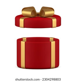 Open red gift box golden bow ribbon festive present surprise 3d icon realistic vector illustration. Prize congratulations cardboard container for holiday celebration cylinder birthday decor design