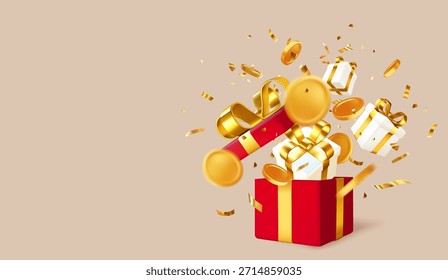 Caja de regalo roja abierta con cinta dorada que explota con monedas, confeti y regalos envueltos en un estilo brillante sobre fondo beige. Concepto de celebración. Ilustración vectorial