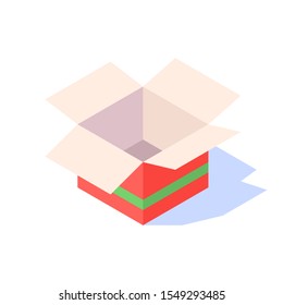 Open red gift box with green ribbon on white background. Vector isometric illustration.