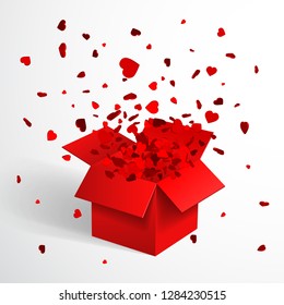 Open Red Gift Box and Heart Confetti. Christmas and Valentine Background. Vector Illustration.